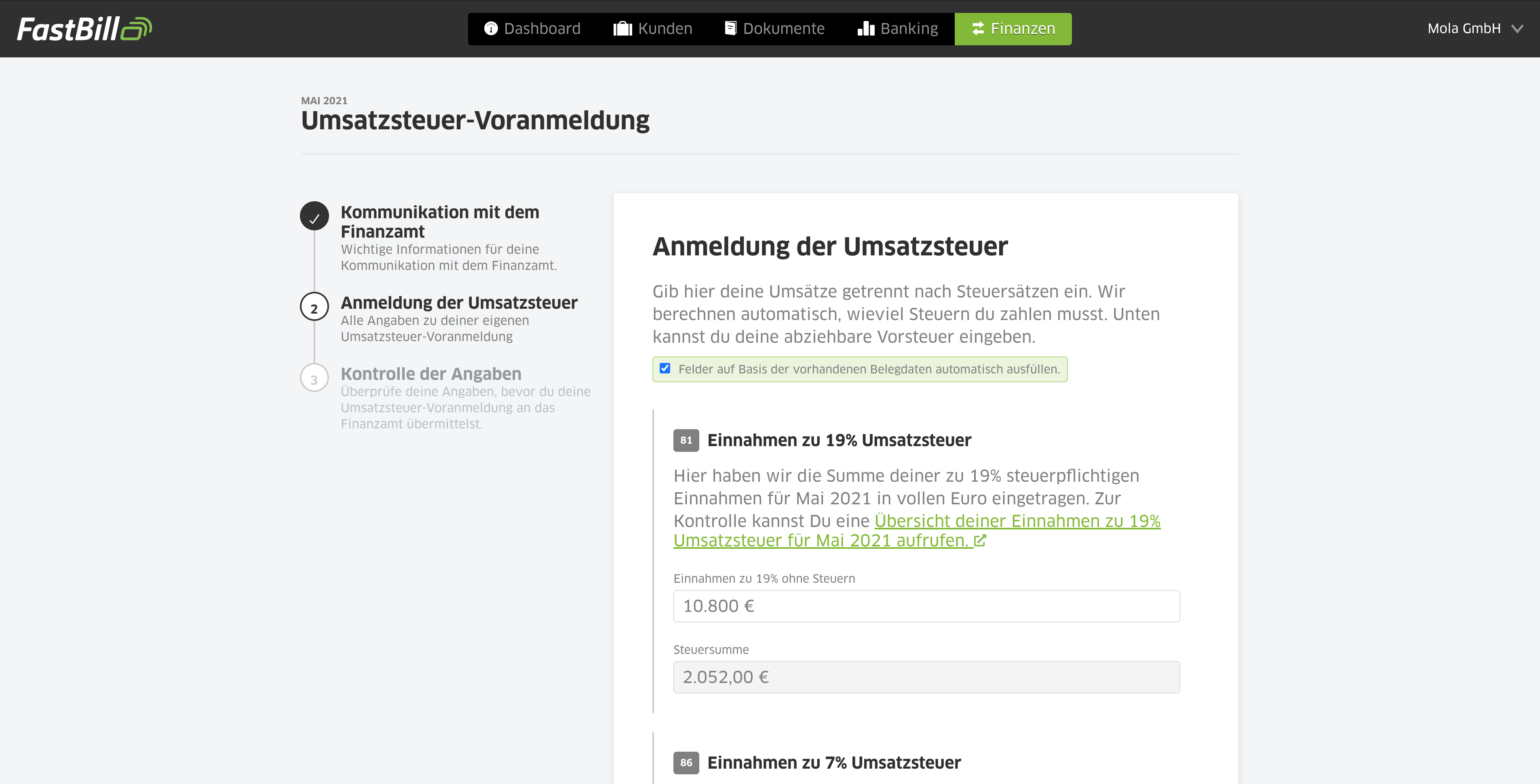 FastBill: Umsatzsteuer-Voranmeldung